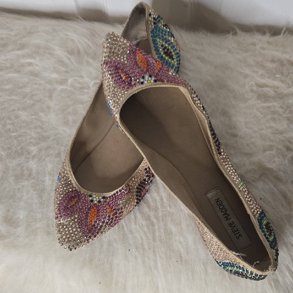 Steve Madden Tan and Colorful Embellished Flats